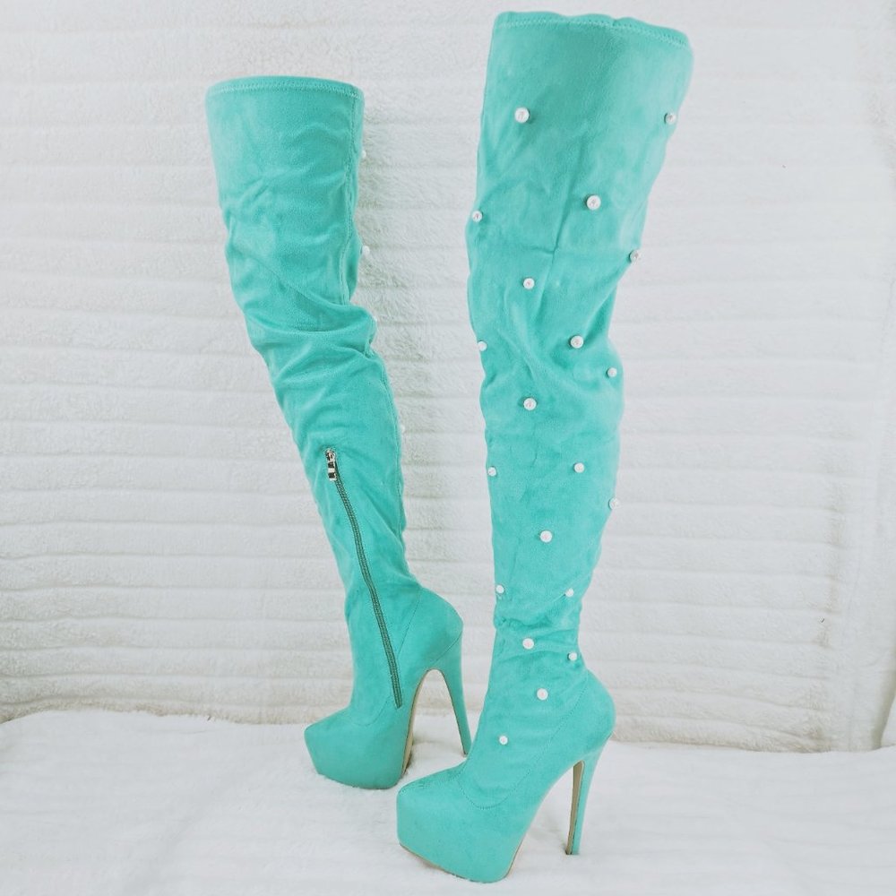Mint Green Faux Stretch Suede Platform High Heel Thig… - Gem